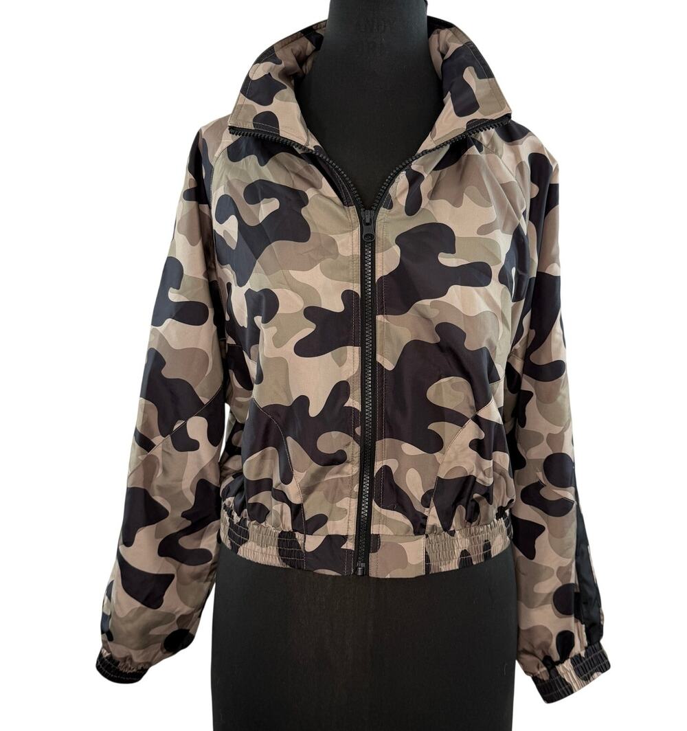 Blanc Noir Multi Crop Bomber Jacket Camo Hooded Raglan Sleeve Full Zip Small S
